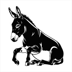 Vector illustration of a sitting baby donkey foal in a graphic black and white stencil style