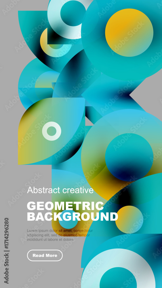Poster Abstract geometric shapes overlap, creating vibrant color gradients. Modern design features smooth transitions, dynamic composition.