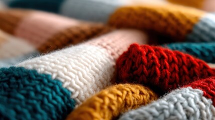 This cozy, colorful knit blanket features a variety of textures and patterns, making it an inviting addition to any space, perfect for warmth and comfort.