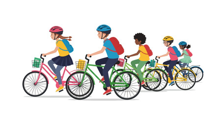 Diverse group of children happily riding bicycles with backpacks and helmets.