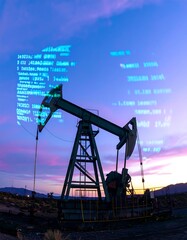 Oil rig at dusk with digital code overlay