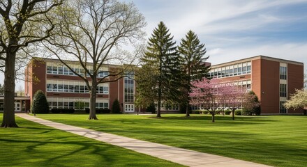 Springtime campus scene with brick buildings and blooming trees