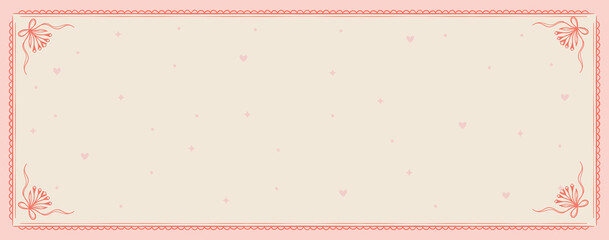 Coquette Vintage Pink Banner Background. Retro decorative frame pastel girly design, whimsical floral border, charming vintage aesthetic, scrapbook embellishment, handdrawn vector illustration