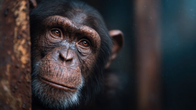 A close-up of a chimpanzee gazes thoughtfully into the distance, displaying deep, intelligent eyes and a serene expression, inviting contemplation of nature's wonders.