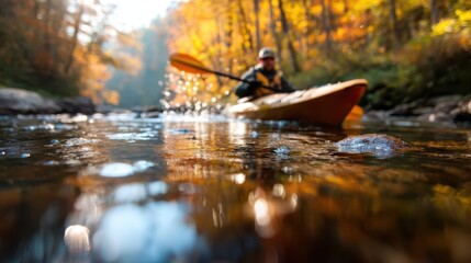 A dynamic image of a kayaker paddling through tranquil waters surrounded by vibrant autumn foliage, embodying adventure and the beauty of nature's seasonal change.