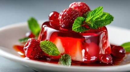 A delicious raspberry jelly dessert elegantly garnished with fresh mint leaves, perfect for a culinary presentation that combines flavor and artistry.