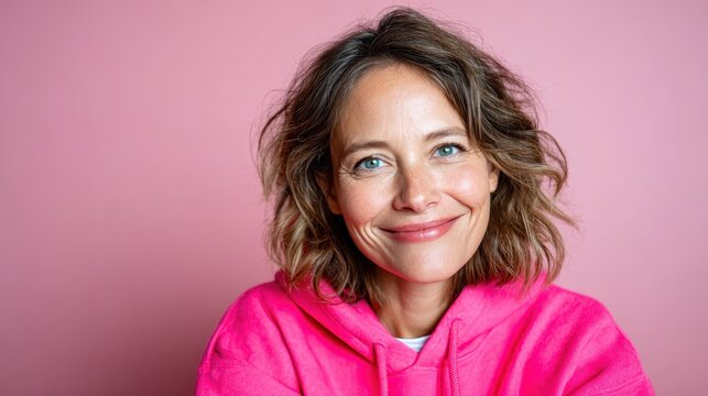 A warm and inviting portrait of a smiling woman wearing a vibrant pink hoodie, exuding friendliness and approachability for a modern lifestyle concept.
