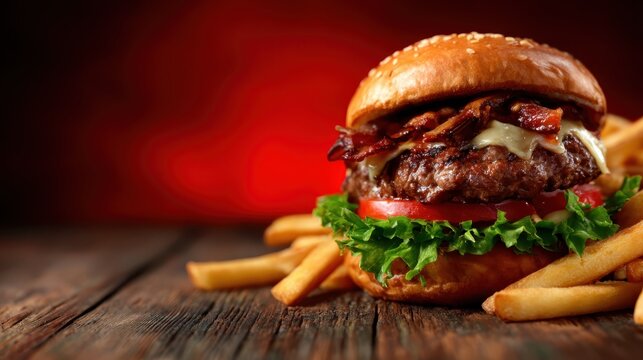 This image captures a mouth-watering burger topped with crispy bacon, fresh tomatoes, and lettuce, served alongside golden, crispy fries that invite delicious indulgence.