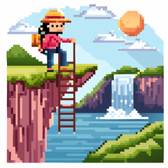 Obraz premium Pixel Art Hiking Adventure Scaling Cliffs Near a Stunning Waterfall