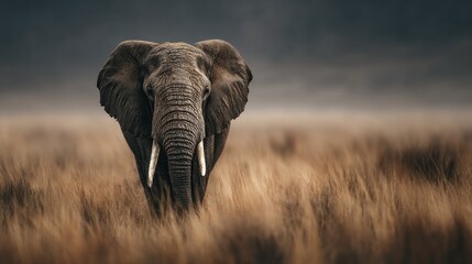 Majestic Elephant Strolling Through the Golden Savannah Grasslands View