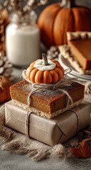 Autumnal pumpkin treats on rustic background