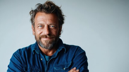 A mature man with a rugged beard smiles confidently at the camera. His authentic expression reflects wisdom, experience, and a warm, inviting personality.