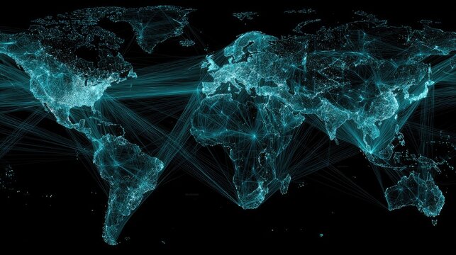 Futuristic Digital Map of the World with Network Connections and Data Lines Representing Global Connectivity and Technology