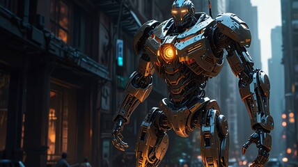 Fototapeta premium Futuristic robot in a cityscape at night.