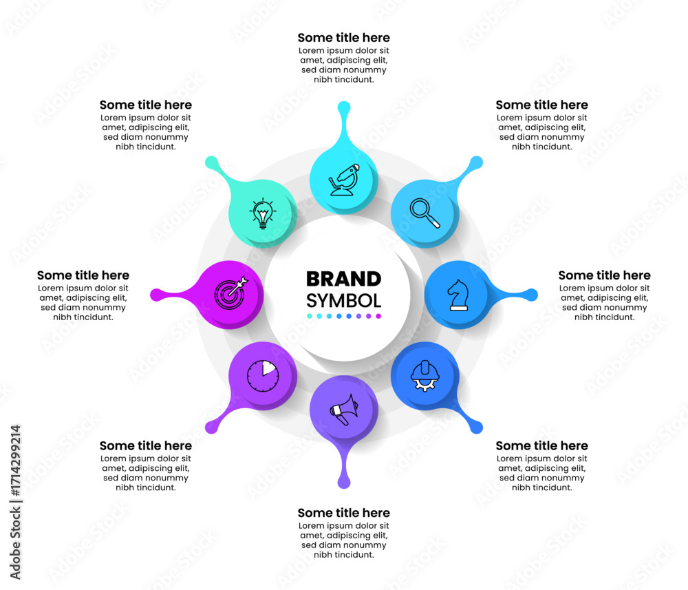 Poster infographic template. 8 circles with icons and text