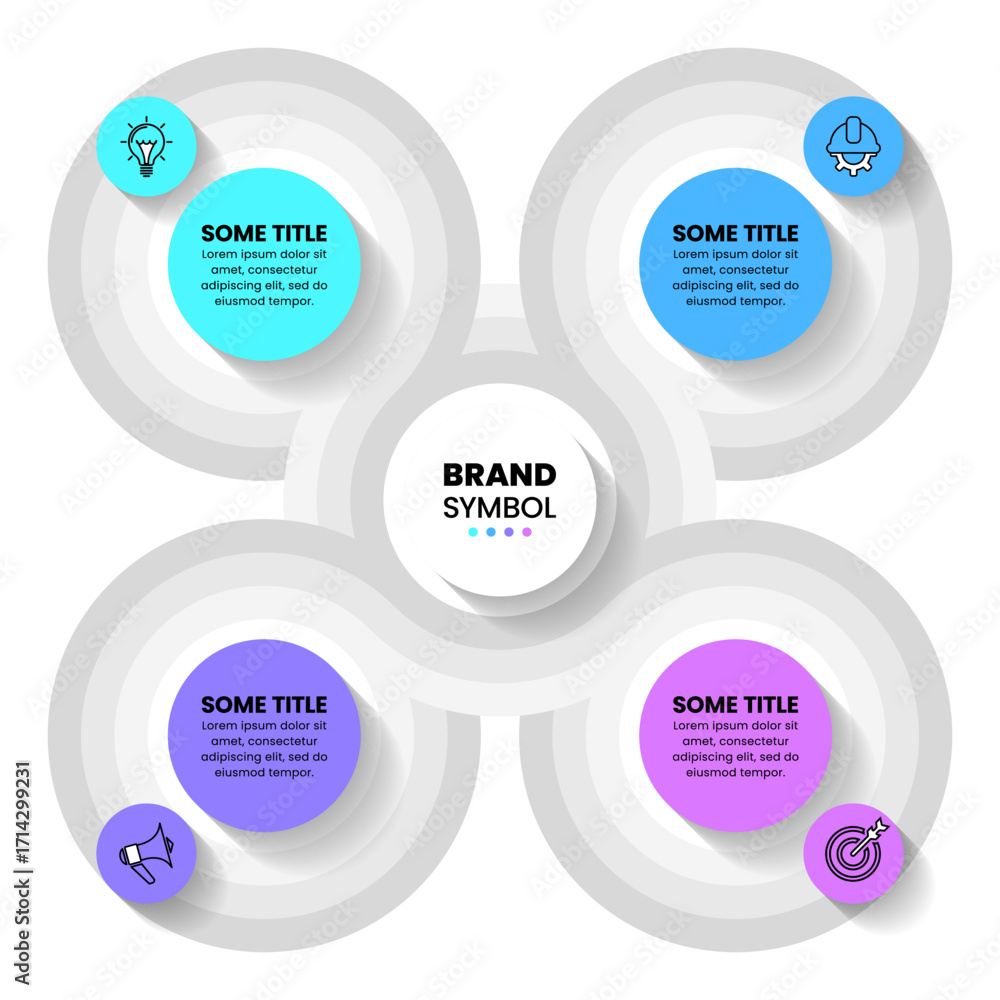 Poster infographic template. 4 connected circles with icons and text