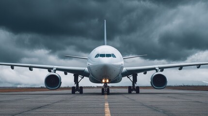 Obraz premium Airplane on Tarmac Under Dramatic Stormy Sky with Dark Cloud Formation