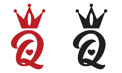 Queen of hearts card symbol vector . Queen playing card symbol in black and red. Two stylized queen playing card icons in black and red colors, featuring crown, letter Q, and heart suit symbol below.

