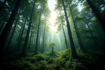 Obraz premium Lush forest with vibrant green trees and sunlight