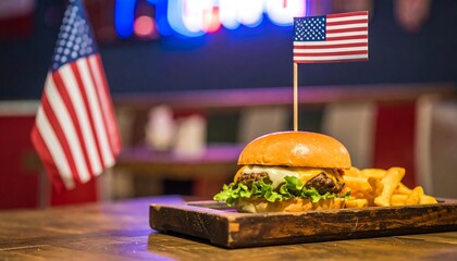 American burger on a wooden board