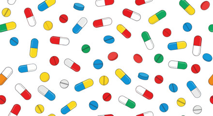 Colorful Medical Pills and Capsules Seamless Pattern Background.