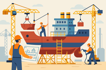 Shipbuilding Illustration – Workers Constructing Cargo Vessel at Dockyard with Cranes