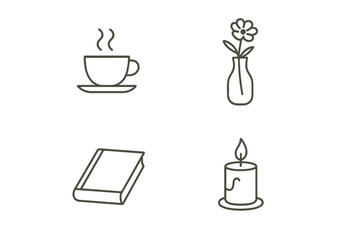 Kinfolk Lifestyle Icons – Minimalist Line Set with Coffee, Book, Candle and Flowers