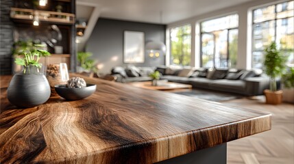 Close-up of a sleek, dark wood kitchen countertop with a minimalist design. The bright and modern open-plan living area is blurred in the background.