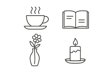 Kinfolk Lifestyle Icons – Minimalist Line Set with Coffee, Book, Candle and Flowers