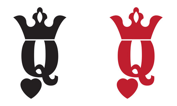 Queen of hearts card symbol vector . Queen playing card symbol in black and red. Two stylized queen playing card icons in black and red colors, featuring crown, letter Q, and heart suit symbol below.
