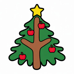 A simple, cartoon style illustration of a green christmas tree decorated with red apples and topped with a yellow star, isolated on a white background.