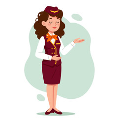 A charming flat design vector illustration of a female flight attendant with curly brown hair