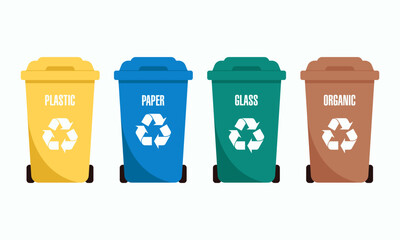 Flat vector illustration of four recycling bins in different colors for plastic, paper, glass and organic waste. Waste sorting and recycling concept, eco-friendly design.