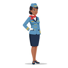 A full-body flat design vector illustration of a confident female flight attendant
