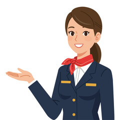 A warm and welcoming flat design vector illustration of a female flight attendant