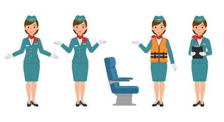 A detailed flat design vector illustration depicting a sequence of four different poses of a female flight attendant