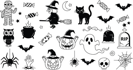 Black and White Halloween Vector Set Featuring Witch, Ghost, Pumpkin, Mummy, Candy, Bats, Skull, Cat, Cauldron, and Spider Webs