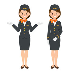 Vector illustrations featuring a cheerful female flight attendant with short brown hair