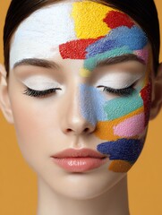 Editorial Facial Beauty Portraits with Freckles, Shadows, and Water Droplets for Spa Campaigns, Skincare Ads, and Wellness Brand Visuals – Close-up of Woman with Colorful Artistic Makeup on Yellow