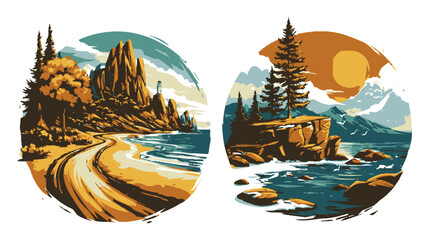 Urban Cityscape and Serene Mountain Landscape Illustration Design