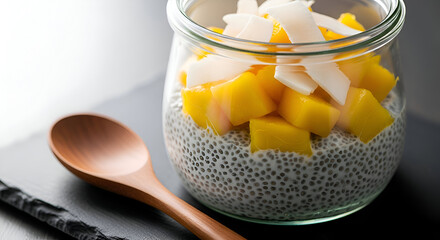 Delicious Chia Seed Pudding with Mango and Coconut A Healthy and Refreshing Treat in a Glass Jar with Spoon Ready to Eat, Perfect for Breakfast or Dessert