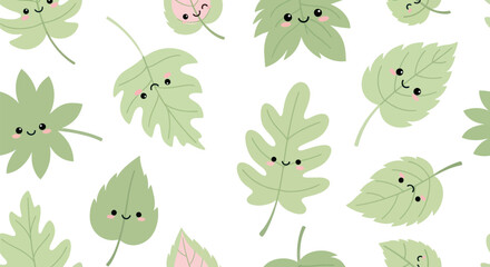 Cute Cartoon Leaves Pattern with Happy Faces.