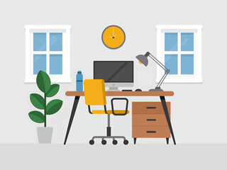 Fototapeta premium Stylish Minimalist Home Office Space Designed for Remote Productivity Featuring Computer Monitor, Ergonomic Chair, and Natural Light from Windows