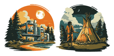 Scenic Mountain Landscape with Pine Trees and Vibrant Sunset Design