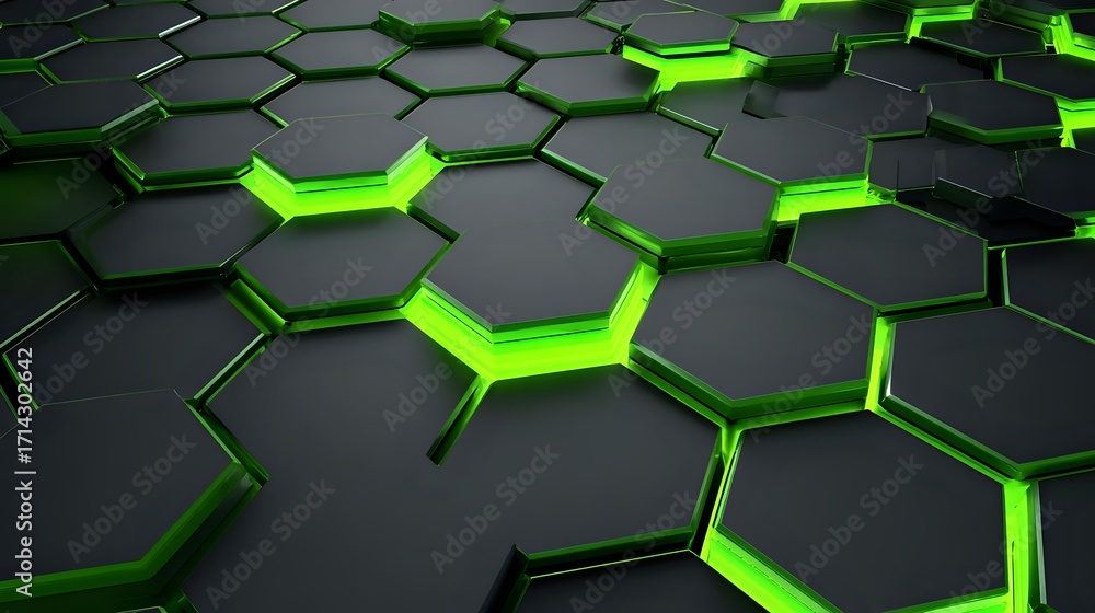 Poster abstract honeycomb surface with glowing green edges and floating hexagon tiles, clean repeating layo
