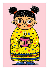 Cheerful Girl with Coffee Cup in Colorful Sweater and Fun Background