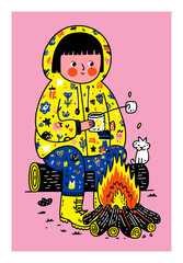 Cute Illustration of Person Enjoying Campfire with Cat and Hot Drink