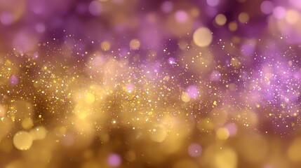 Abstract warm golden bokeh texture with tiny violet sparkles in soft dreamy celebration background