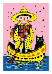 Person in Yellow Raincoat Paddling Canoe with Black Cat Under Starry Sky