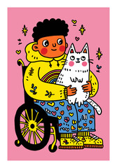 Cheerful Child in Wheelchair Holding Cat on Bright Pink Background